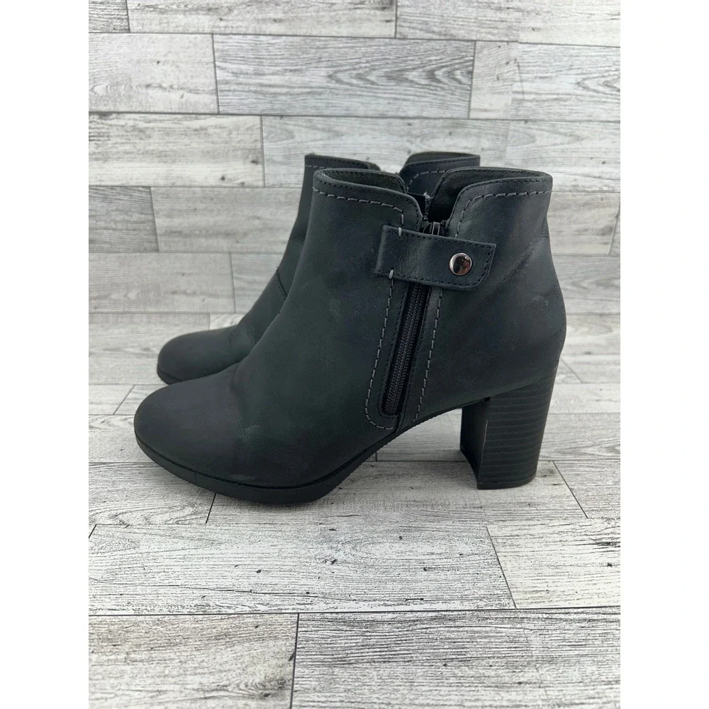 Clarks Womens Ankle Boots Black Leather Side Zip Block‎ Heel Booties Size 7